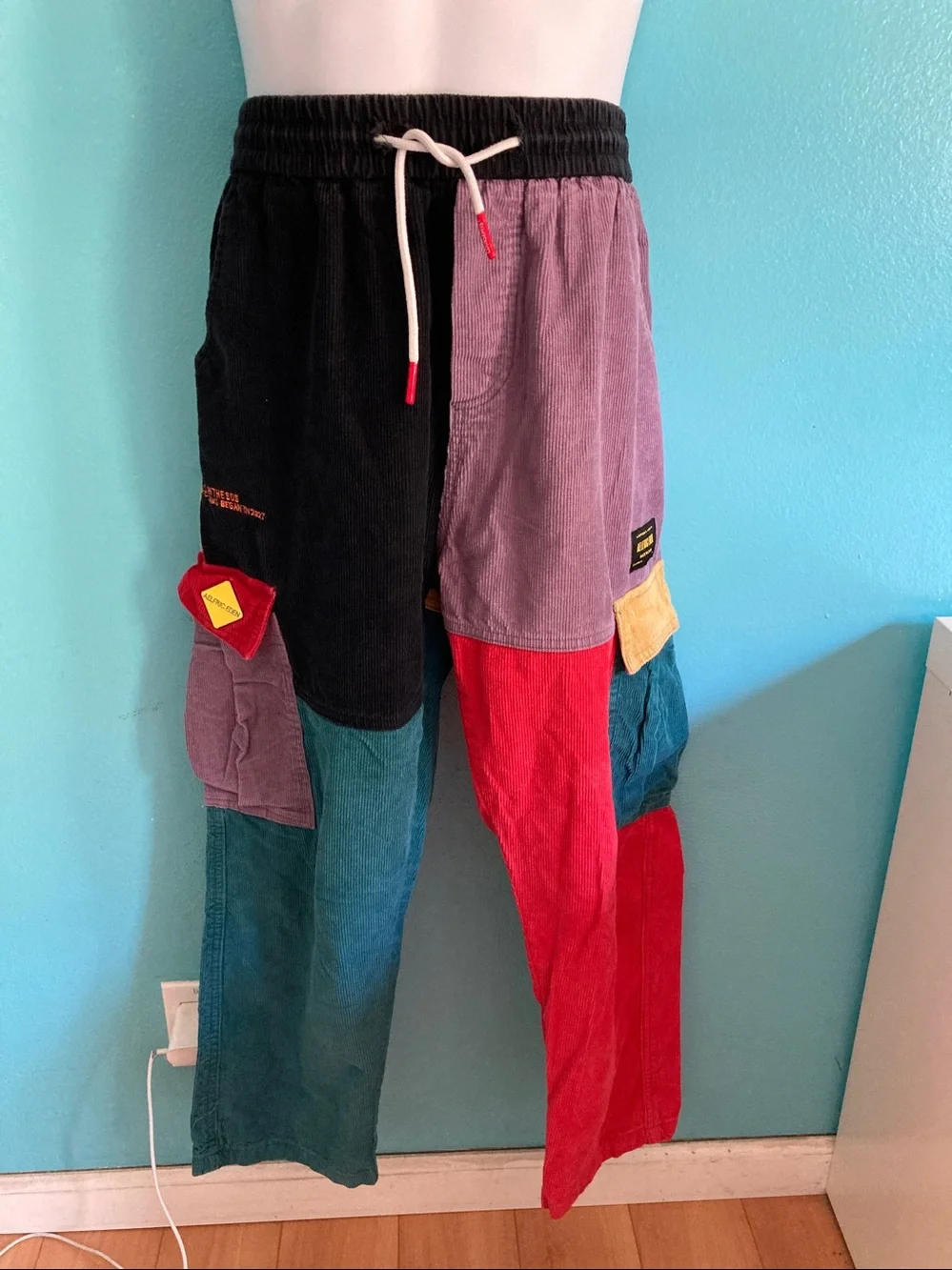 AELFRIC EDEN Back to 90's Patchwork Color Block Corduroy Cargo Pants Size 2XL
